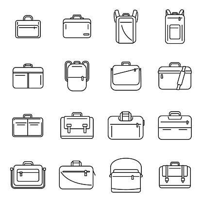 Laptop bag icons set outline vector. Computer case. Shoulder luggage