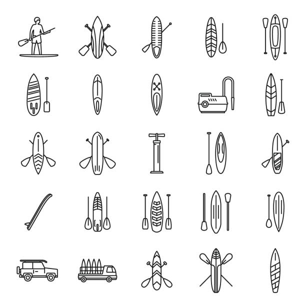 Sup surfing icons set outline vector. Surf board Sup surfing icons set outline vector. Surf board. Puddle gear paddleboard stock illustrations