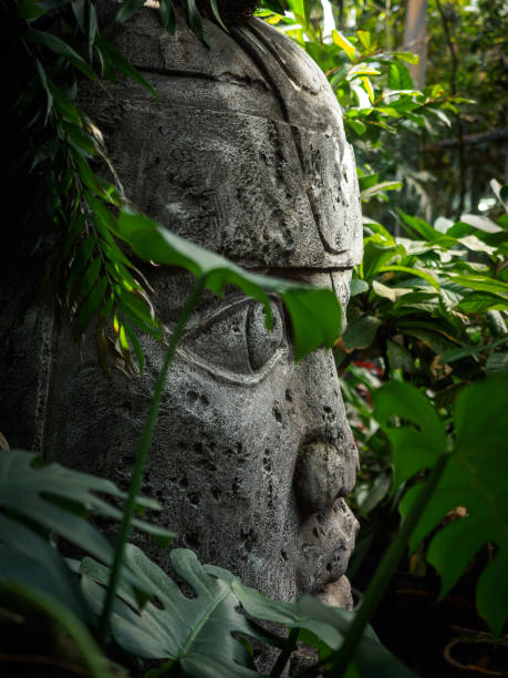 istock Olmec sculpture carved from stone. Mayan symbol - Big stone head statue in a jungle 1386258117