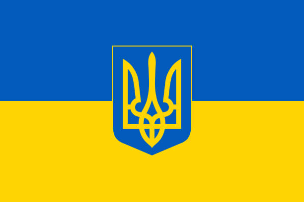 flagge und wappen der ukraine. blau-gelbe flagge der ukraine mit wappen in form des ukrainischen dreizacks. vektor - trident stock-grafiken, -clipart, -cartoons und -symbole