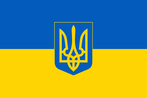 ilustraciones, imágenes clip art, dibujos animados e iconos de stock de bandera y escudo de armas de ucrania. bandera azul y amarilla de ucrania con escudo de armas en forma del tridente ucraniano. vector - ukraine war