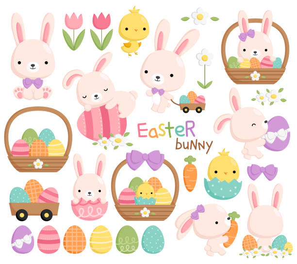 illustrations, cliparts, dessins animés et icônes de un vecteur de lapin de pâques mignon et simple jouant avec des œufs - easter animal egg eggs vector