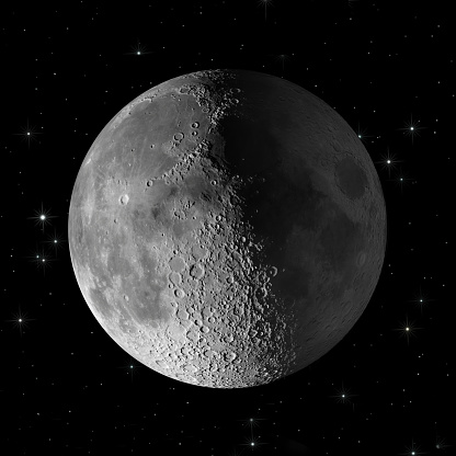 3D illustration with a detailed surface of the Moon for Lunar science and space exploration backgrounds. Elements of this image, such as surface mapping furnished by NASA.