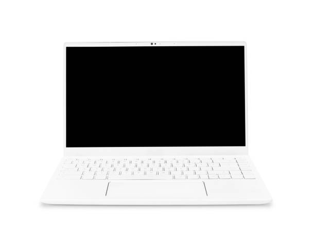 istock White ultra thin, modern, portable computer (laptop) shot from the front with blank screen. Isolated on white background. 1386262429