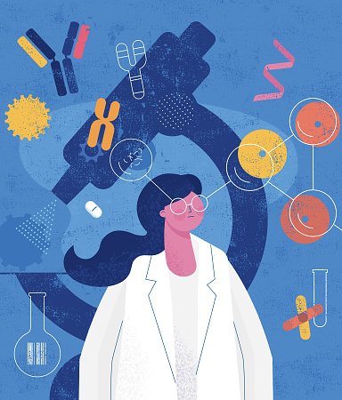 Flat vector illustration with hand drawn textures showing the woman scientist biochemist.