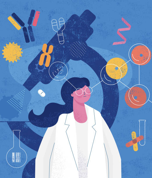 Scientist Biochemist Flat vector illustration with hand drawn textures showing the woman scientist biochemist. medical research stock illustrations