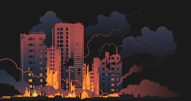 Night town on fire after bombing concept illustration vector art illustration