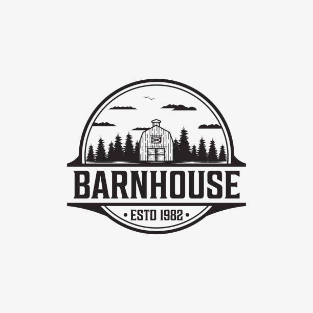 vintage barn farmhouse badge logo design illustration vector - barn, farmhouse, szablon logo magazynu - barn stock illustrations