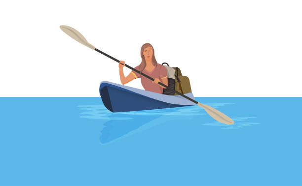 przygoda młodej kobiety pływającej kajakiem z plecakami i sprzętem - paddling stock illustrations