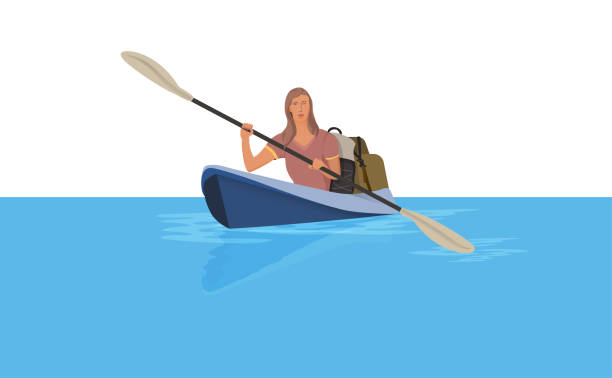 The adventure of a young woman kayaking with her backpacks and equipments vector art illustration