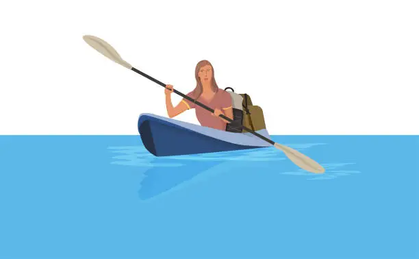 Vector illustration of The adventure of a young woman kayaking with her backpacks and equipments