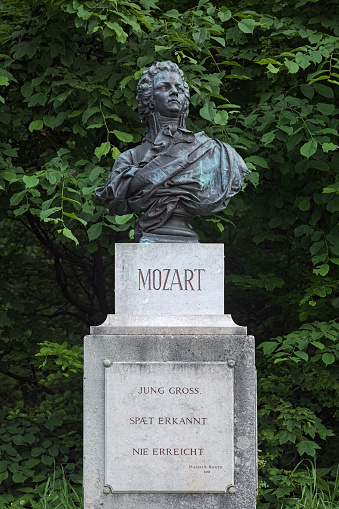 Salzburg, Austria - May 22, 2017: Bust of Wolfgang Amadeus Mozart on Kapuzinerberg hill. The bust by the Austrian sculptor Edmund von Hellmer was erected on April 8, 1881.