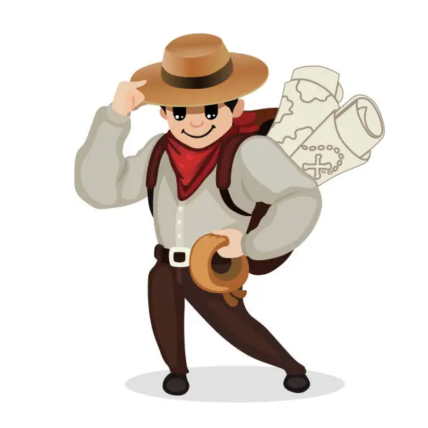 Vector illustration of Cartoon Explorer Cowboy Character Design, Adventure