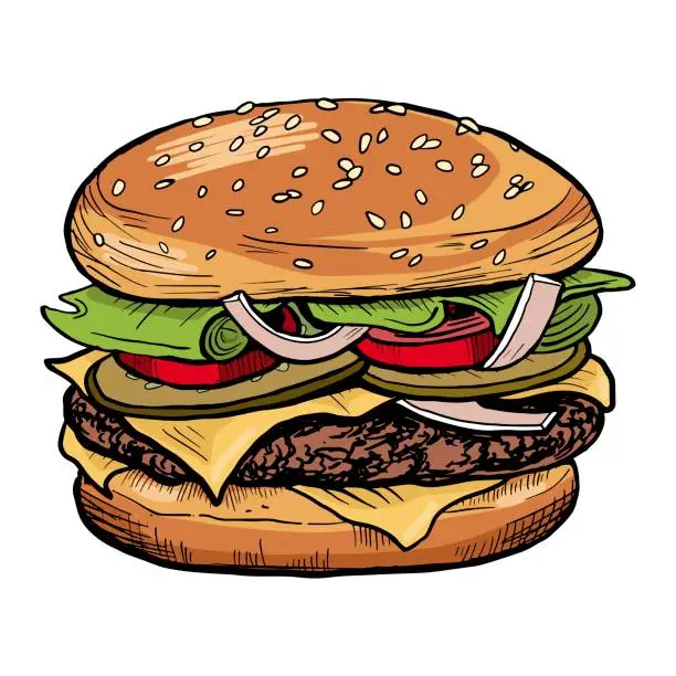 Vector illustration of Hand drawn hamburger colored sketch vector illustration