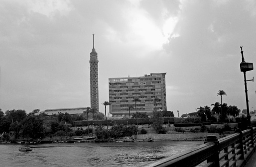Cairo, Egypt - May 1989. Early morning black and white panoramic view of the Nile.
Please note that the image was scanned from an over thirty years old negative.