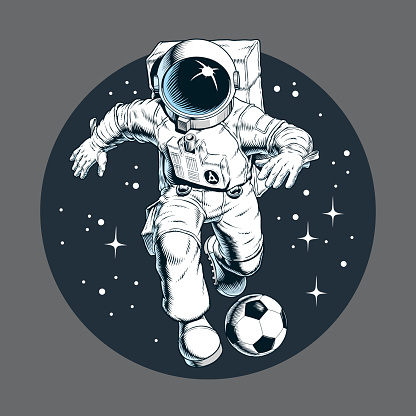Astronaut playing football or soccer in outer space. Player dribbling a ball. Print, poster or banner. Comic book style vector illustration.