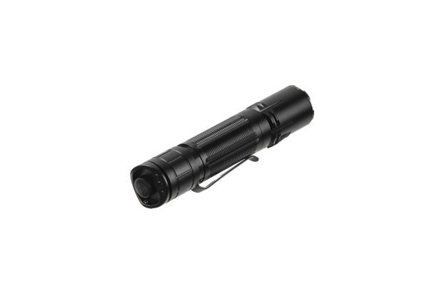 istock Modern metal LED flashlight in black color. Portable flashlight isolate on a white background. 1386283747