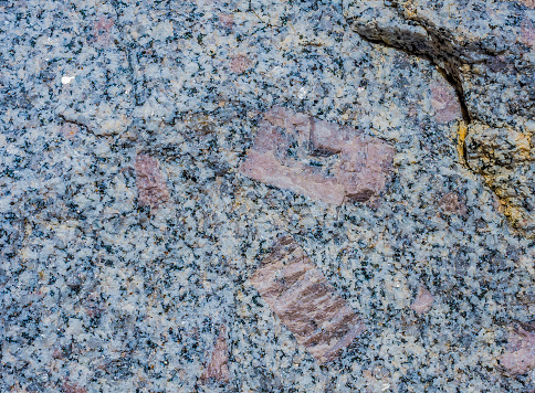Granodiorite is notable for large, white-pink rectangular postassium feldspar crystals. Yosemite National Park, Sierra Nevada Mountains, California. Geology. crystal.