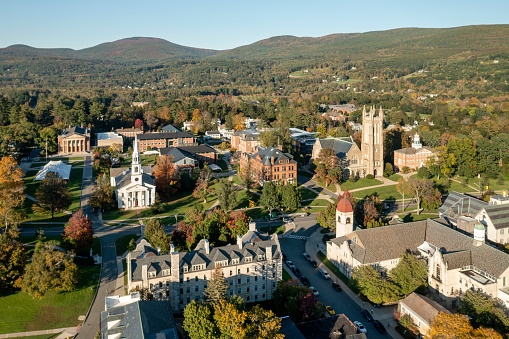 Aerial view of the Thompson Memorial Chapel and the campus of Williams College in Williamstown, MA during fall.