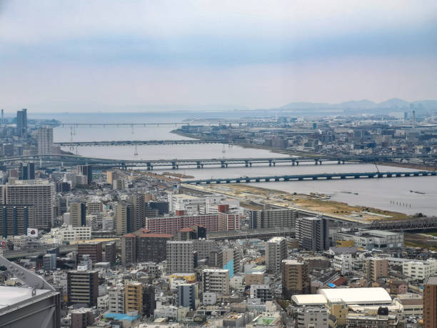 Aerial view of Osaka Skyline with Yodo river, Japan