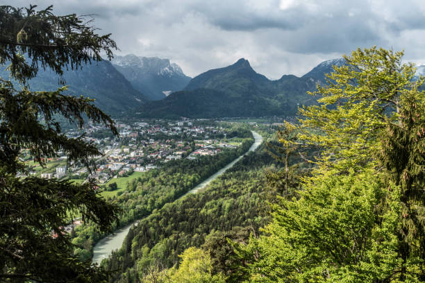 View to the town of Bad Reichenhall from Mount Hochstaufen, Bad Reichenhall, Bavaria, Germany.