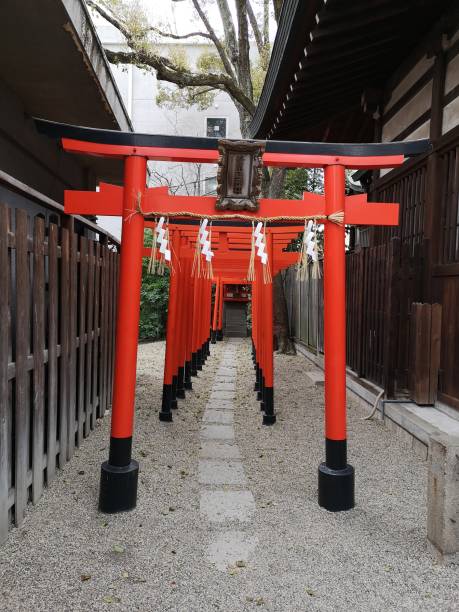 March 28, 2019 - Osaka, Japan: red Toriis in Horikoshi Jinja temple. Horikoshi is one of Shitennoji's seven shrines.There was a beautiful canal to the south of the premises until the Meiji period.