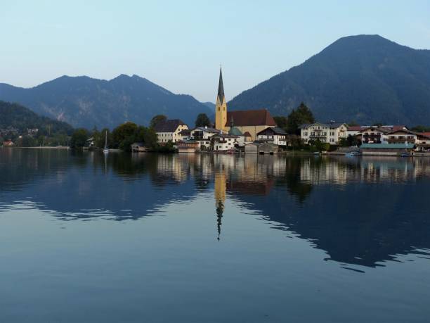 View over the lake to Rottach-Egern and the Wallberg with a beautiful reflection