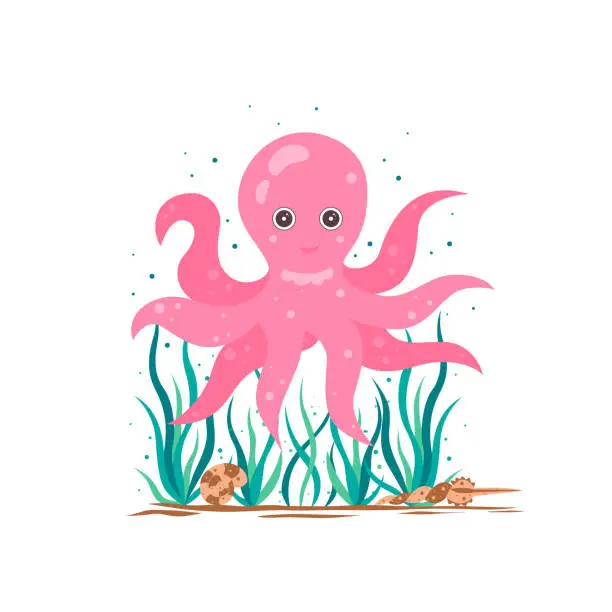 Vector illustration of Pink octopus character.