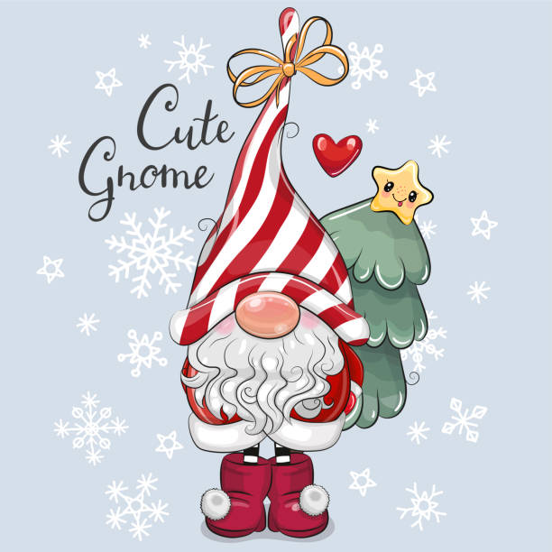 illustrazioni stock, clip art, cartoni animati e icone di tendenza di biglietto natalizio cute cartoon gnome su uno sfondo blu - nana