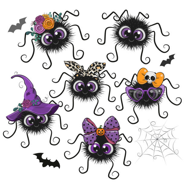 Set with Cute Cartoon Spider Greeting Halloween Set with Cute Cartoon Spider spider on flower stock illustrations