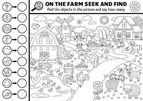 Vector black and white farm searching game with rural countryside landscape. Spot hidden objects, say how many. Simple on the farm seek and find and counting activity or coloring page