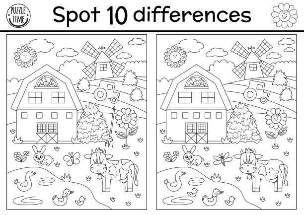 On the farm black and white find differences game for kids. Educational line activity with cute rural village landscape. Countryside scene puzzle with field, barn, animals. Attention skills coloring page On the farm black and white find differences game for kids. Educational line activity with cute rural village landscape. Countryside scene puzzle with field, barn, animals. Attention skills coloring page cottagecore stock illustrations