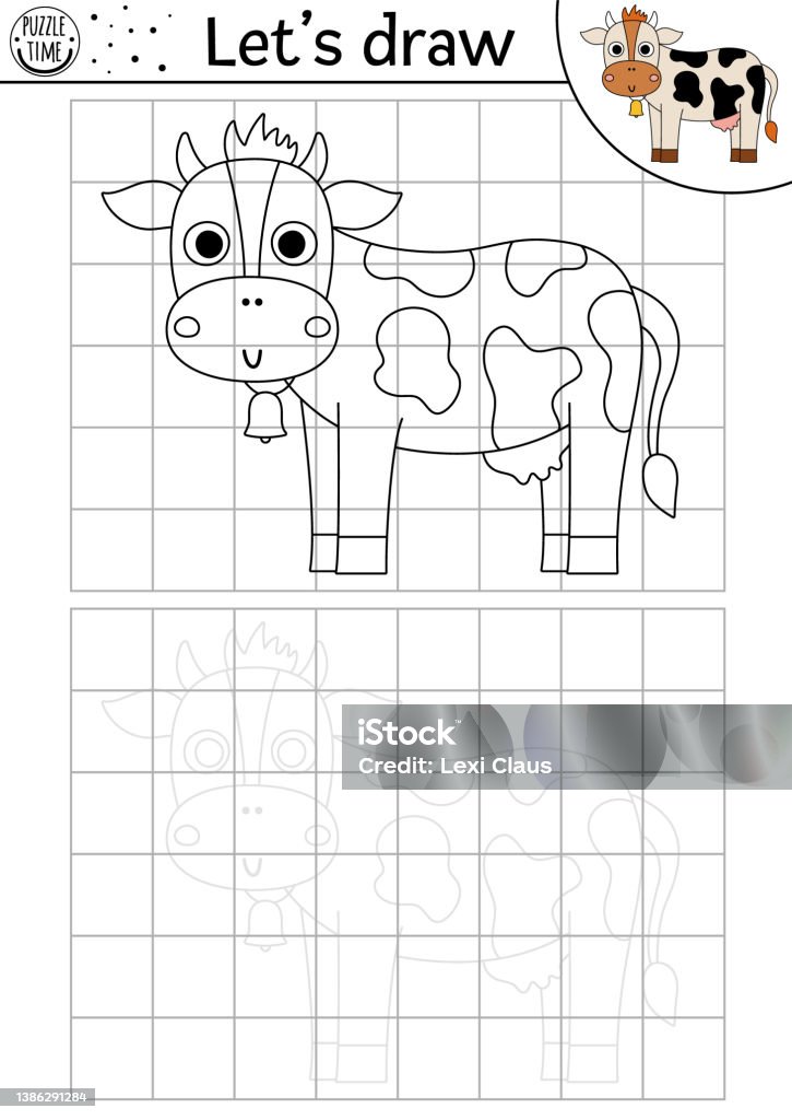 Draw the cow. Complete the picture. Vector on the farm drawing practice worksheet. Printable black and white activity for preschool kid. Copy the farm animal picture game or coloring page Coloring Book Page - Illlustration Technique stock vector