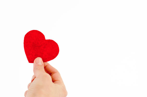 istock Small red heart in a female hand on a white background, copy space 1386291559