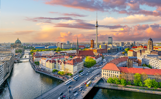 Berlin cityscape at sunset, Germany