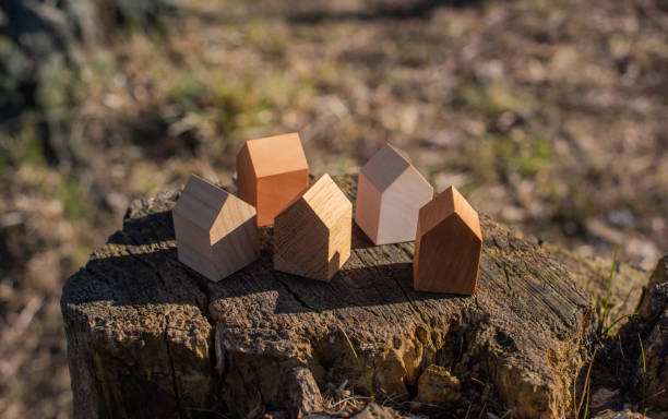 pequeños modelos de casas de madera en el tocón de árbol en el exterior. - modular home fotografías e imágenes de stock