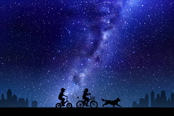 ilustrações de stock, clip art, desenhos animados e ícones de children on bicycles - night running