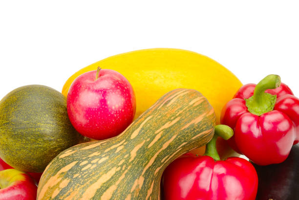 Warious Vegetables and fruits isolated on a white background. Free space for text.