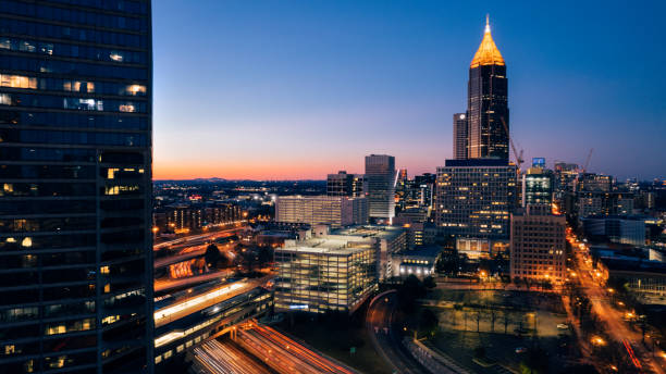 illuminated buildings in the Atlanta skyline stock photo