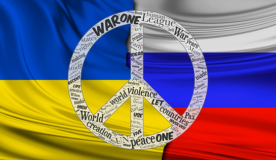 Flags of Ukraine and Russian Federation with a peace sign . Concept Love and Peace between Ukraine and Russia.