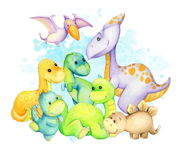 istock dinosaurs, different colors. Watercolor concept, cartoon style, fictional, prehistoric animals 1386305480