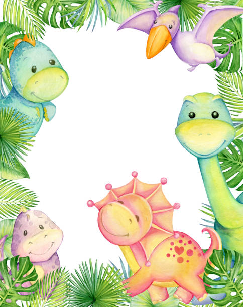 istock Dinosaurs, different colors, tropical leaves. Watercolor frame, prehistoric animals, cartoon style, on an isolated background 1386305485