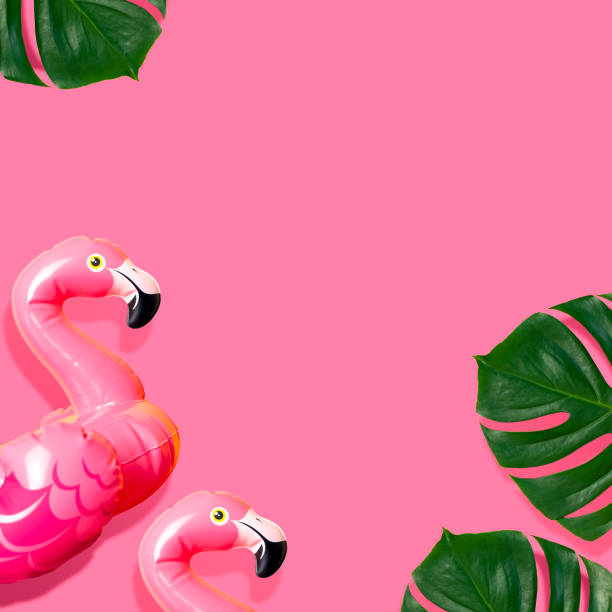 Creative summer beach concept. Inflatable pink mini flamingo and tropical leaf monstera on pink background, pool float party. Flat lay copy space. Flamingo Trend Inflatable Toy. Summer background.