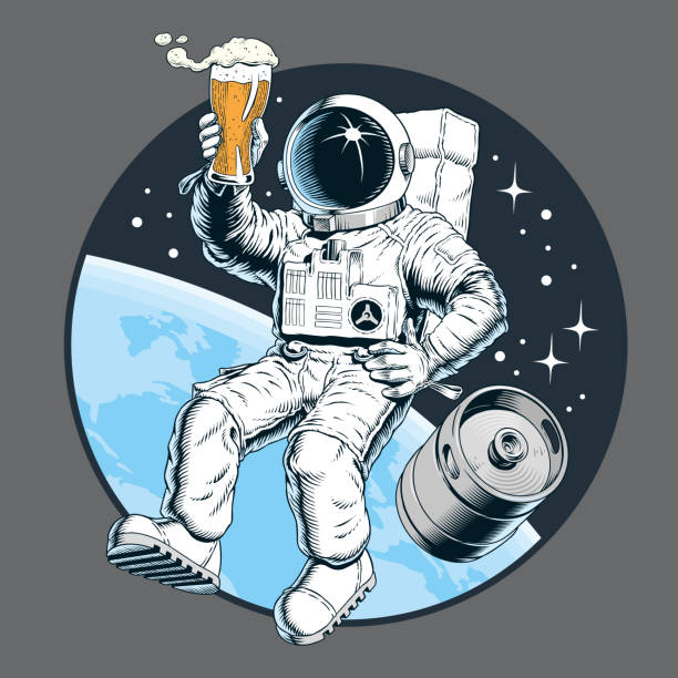 astronauta trzymający kufel piwa i beczkę piwa w kosmosie. ilustracja wektorowa. - protective suit obrazy stock illustrations