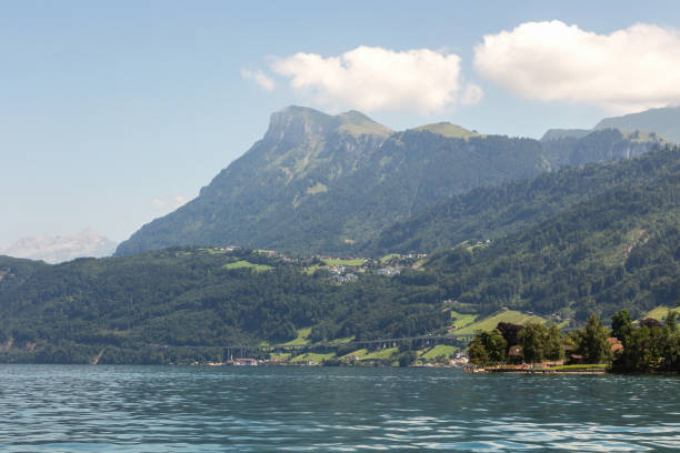 istock High mountain with a village on a turquoise lake 1386310378