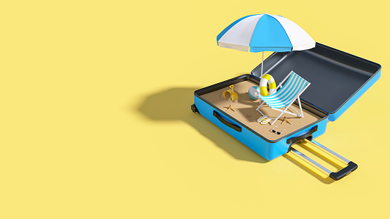 Summer Vacation, Travel Concept. Blue Luggage, Suitcase With Paradise Beach Inside On The Yellow Empty Space Background.