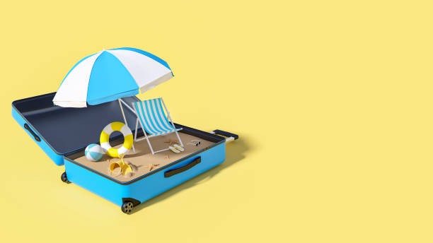 istock Summer Vacation, Travel Concept. Blue Suitcase With Beach Inside On The Yellow Background - 3D Illustration 1386311977