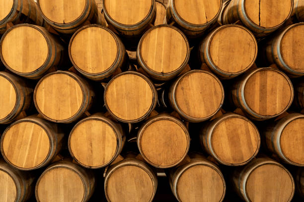 Wine barrels on old cellar stock photo