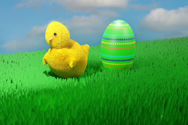Baby chicken with Easter egg in the meadow. 3D render illustration.