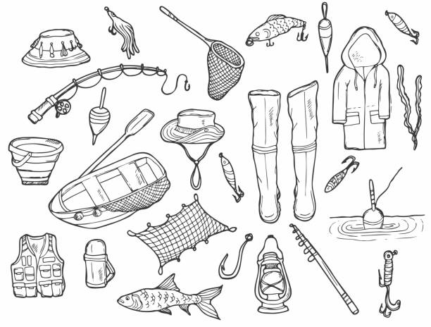 ilustraciones, imágenes clip art, dibujos animados e iconos de stock de juego de pesca de garabatos. pesca y camping en vector. ilustración dibujada a mano. - corcho-de-pesca